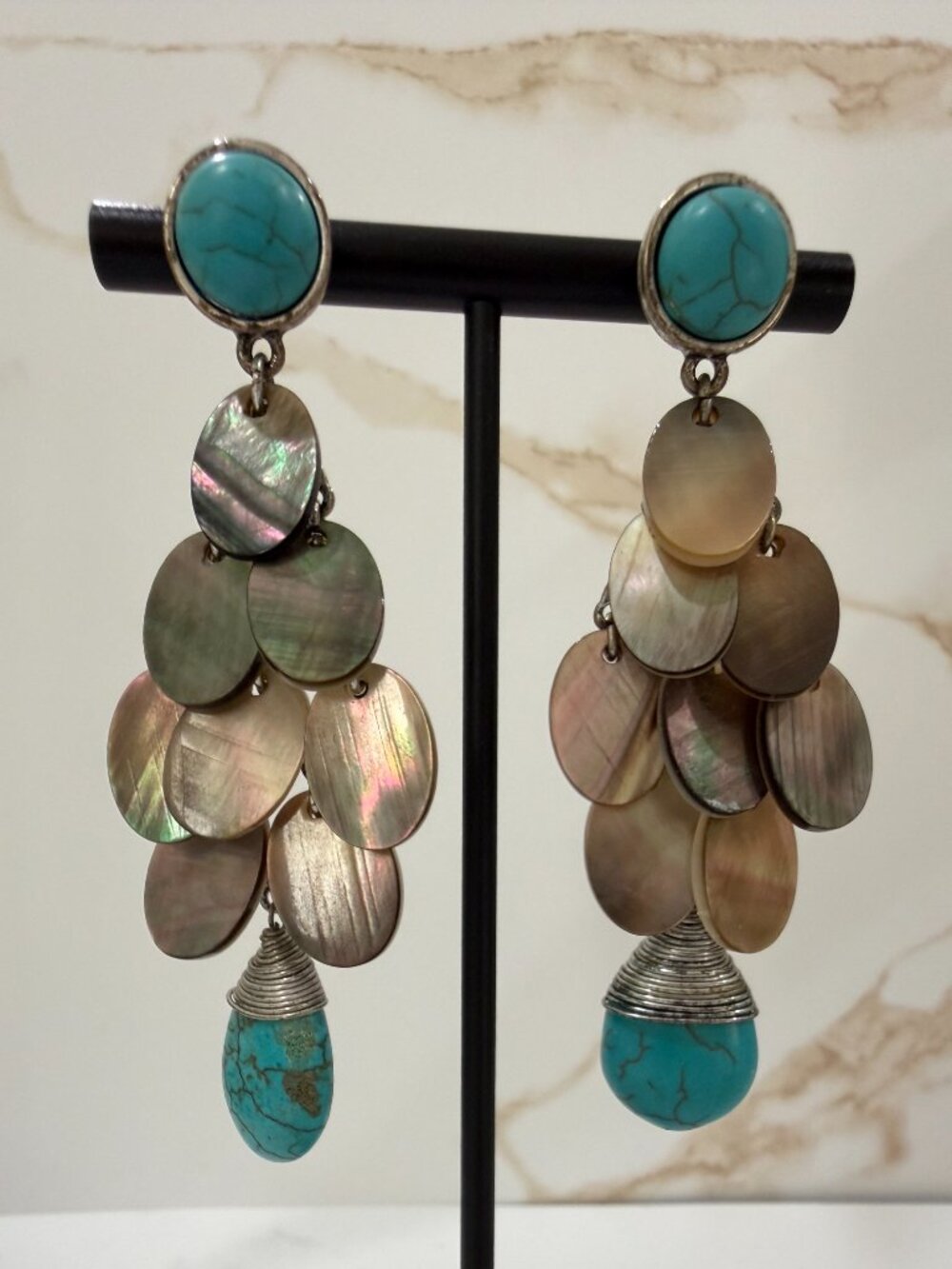 Chico’s Turquoise Howlite & Iridescent Abalone Shell Tiered Drop Earrings